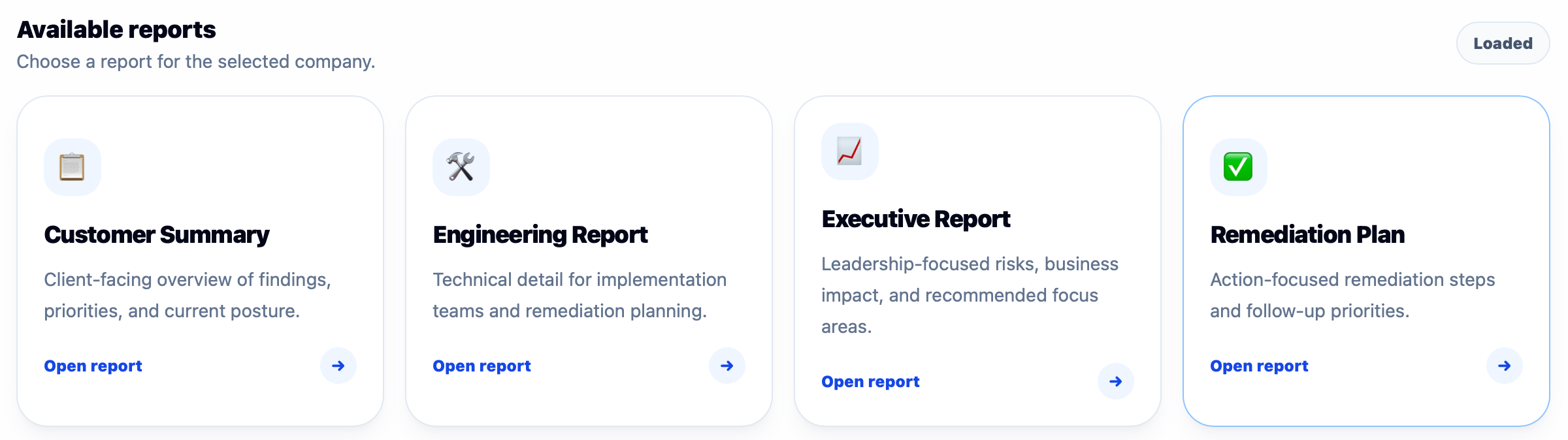 Available reports dashboard showing Customer Summary, Engineering Report, Executive Report, and Remediation Plan